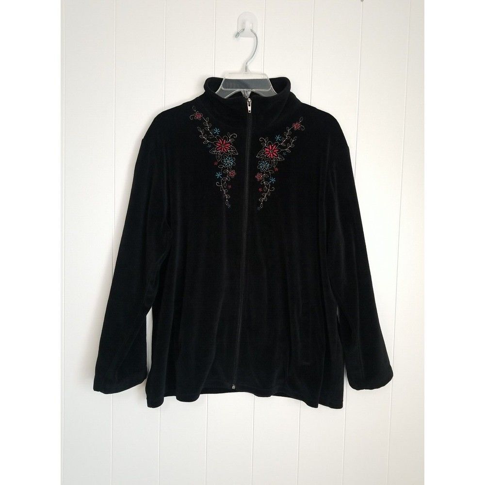Vintage Shenanigans Jacket Women's XL Black Floral Zip Boho Embroidered Velour